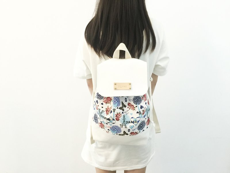 Paris rose after the encounter white backpack / Get a free print name leather standard - Backpacks - Cotton & Hemp Blue