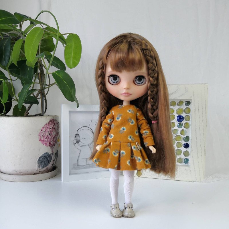 Blythe doll dress. Short mustard dress for Blythe doll. - Stuffed Dolls & Figurines - Cotton & Hemp 