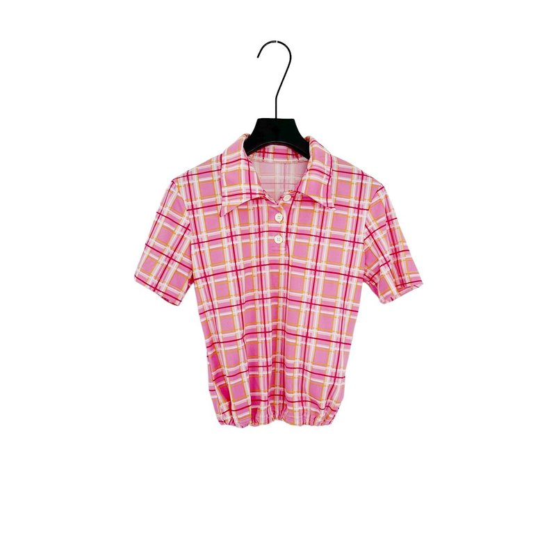 Second-hand Pink Color Plaid Lightweight Elastic Tunic Short Sleeve Top PF301 - Women's Tops - Polyester Pink