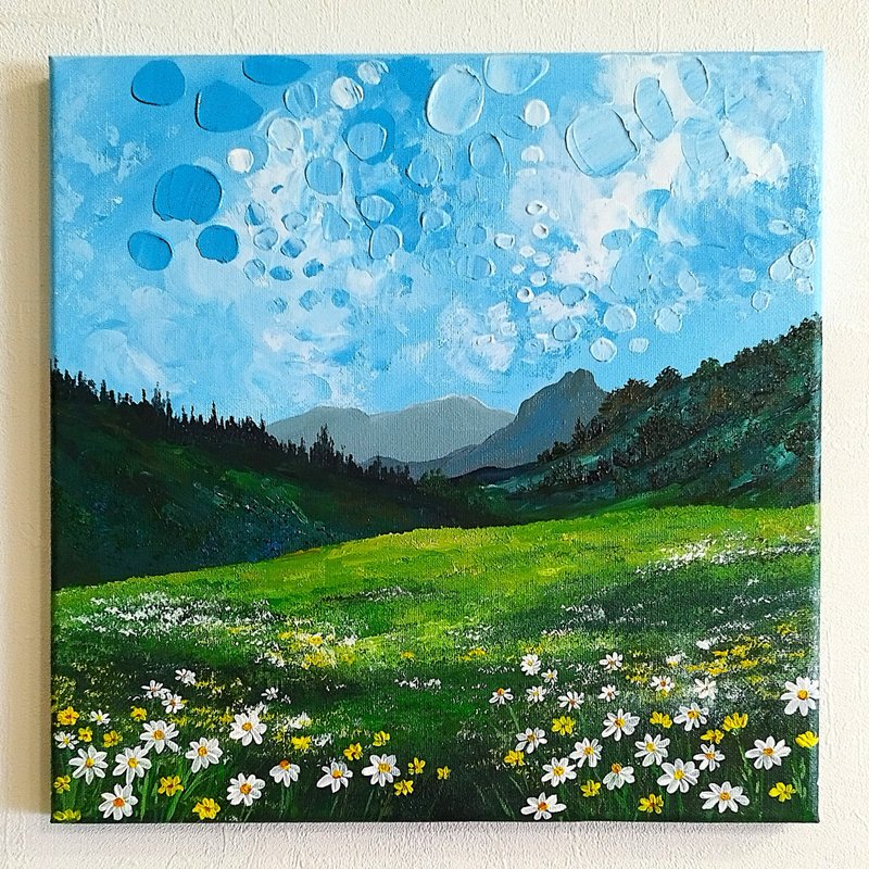 Mountain landscape painting Daisies art Wildflowers artwork Wall Decoration - 壁貼/牆壁裝飾 - 壓克力 多色