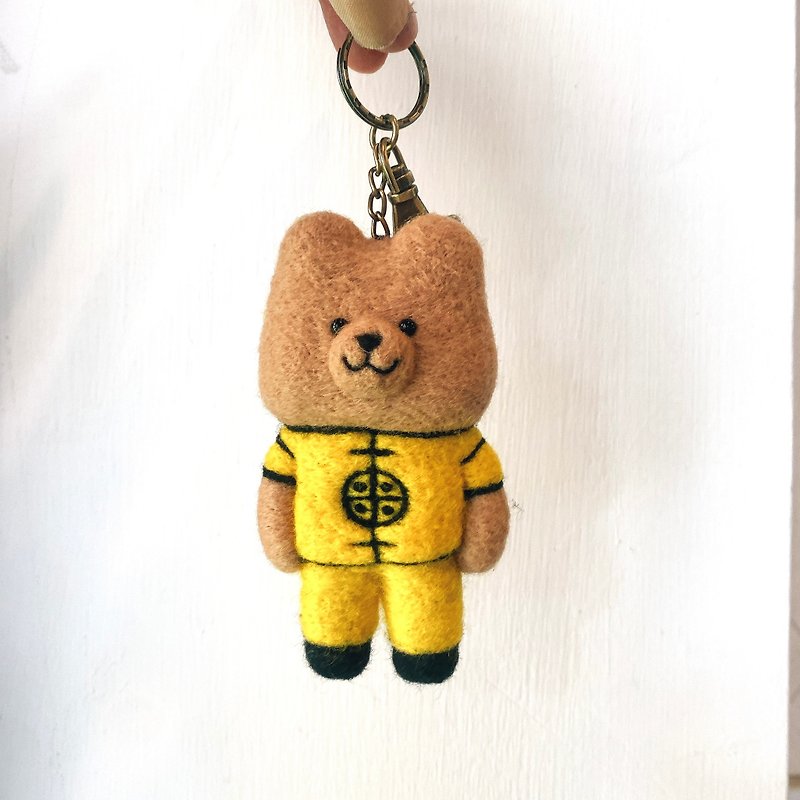 林檎小熊穿白沙屯媽祖隊服  遶境 進香 羊毛氈鑰匙圈 - 鑰匙圈/鑰匙包 - 羊毛 黃色