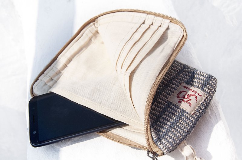 天然棉麻長夾皮夾 錢包 手機套 收納袋 手機包 悠遊卡套-藍地中海 - 銀包 - 棉．麻 藍色
