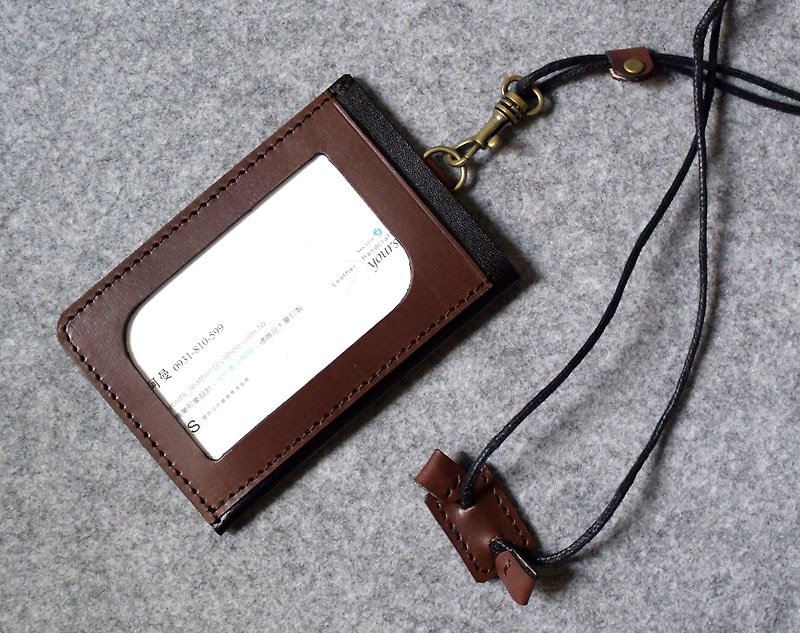 Three-pocket light document holder dark wood + personalized black leather (including adjustable length neck strap) - ID & Badge Holders - Genuine Leather 