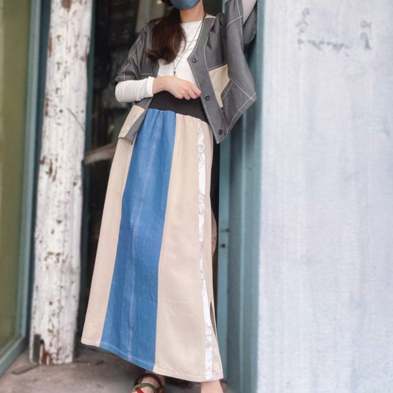 Khaki side slit denim patchwork long skirt #U6029 - กระโปรง - ผ้าฝ้าย/ผ้าลินิน สีกากี