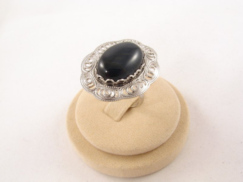 Black Falcon Eye Cat Eye Black Stone Silver Filigree Adjustable Ring Jewelry - 戒指 - 半寶石 黑色
