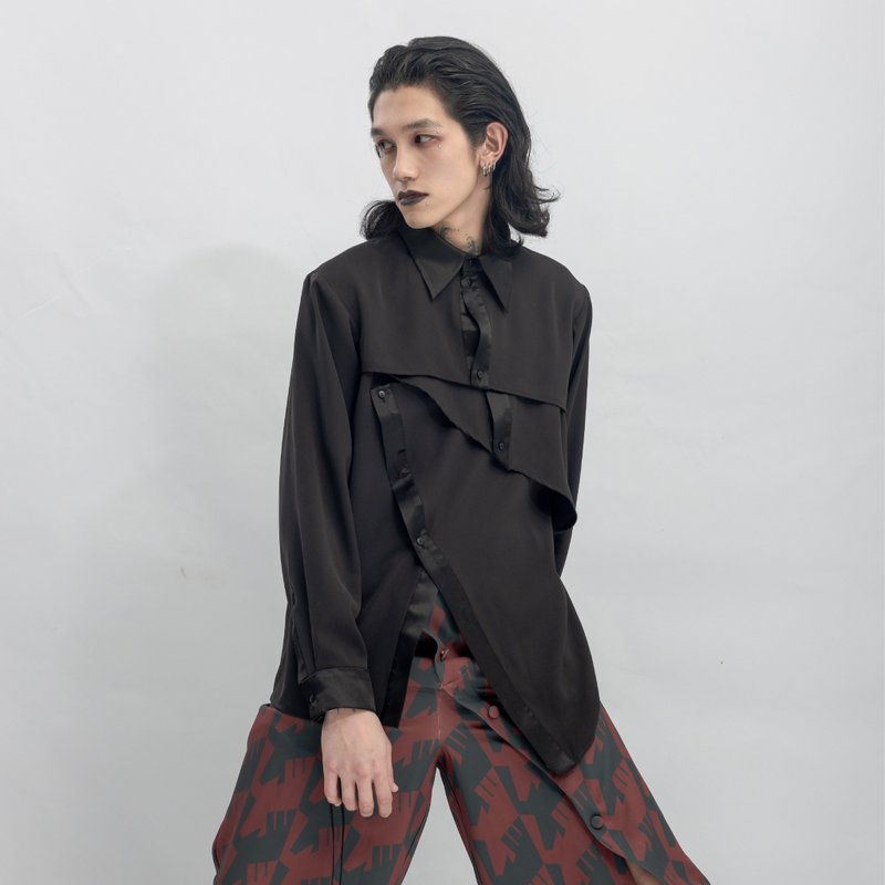 INF 多層解構不對稱門襟襯衫 - 男襯衫/休閒襯衫 - 聚酯纖維 黑色
