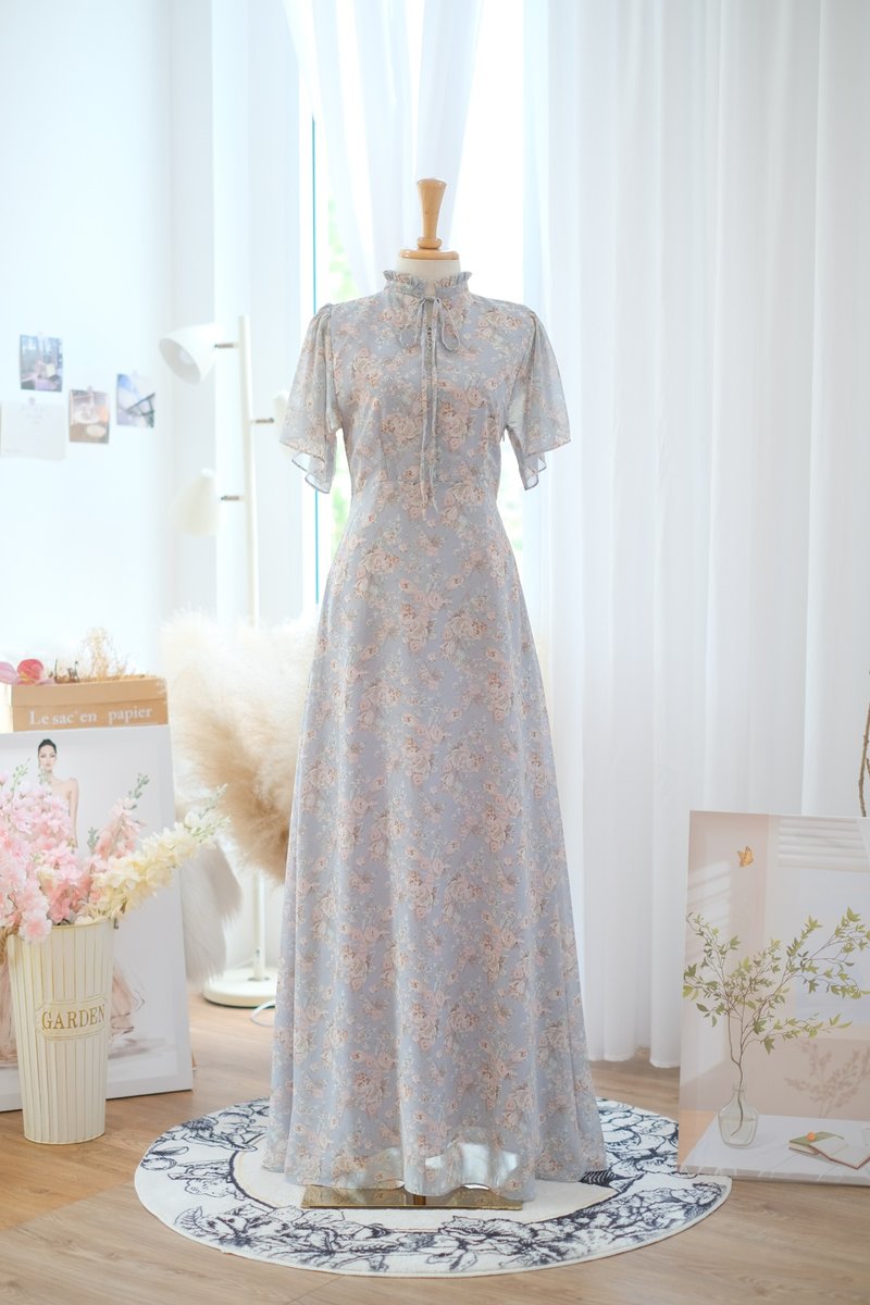 Dusty blue floral vintage bridesmaid dress Maxi wedding summer sundress - 洋裝/連身裙 - 聚酯纖維 藍色