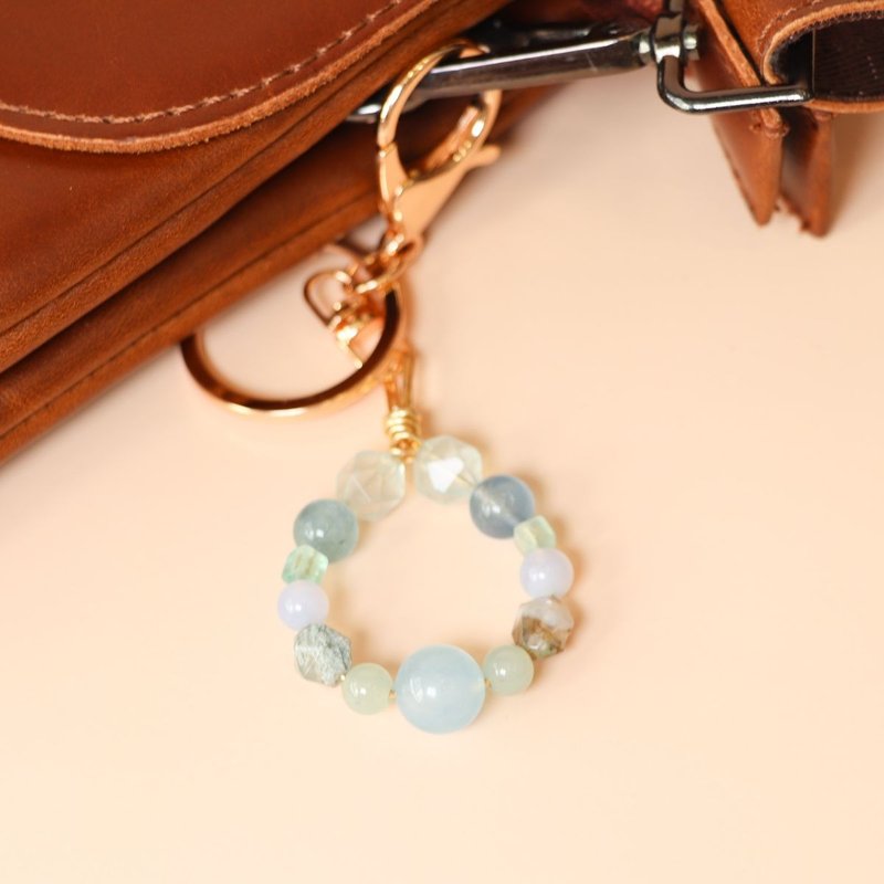 Emerald Poolside Stone Blue Pattern Agate Aquatic Plant Stone Prehnite Aquamarine Keychain - Keychains - Crystal Multicolor