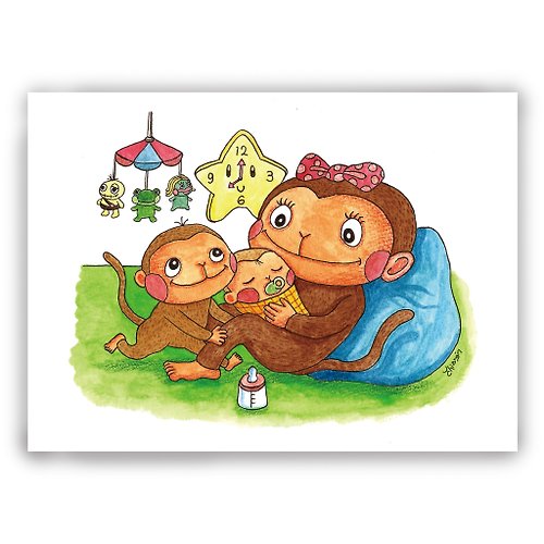 DuDo Shop 土豆屋 母親節-手繪插畫母親卡/萬用卡/卡片/明信片/插畫卡-猴媽媽帶寶寶
