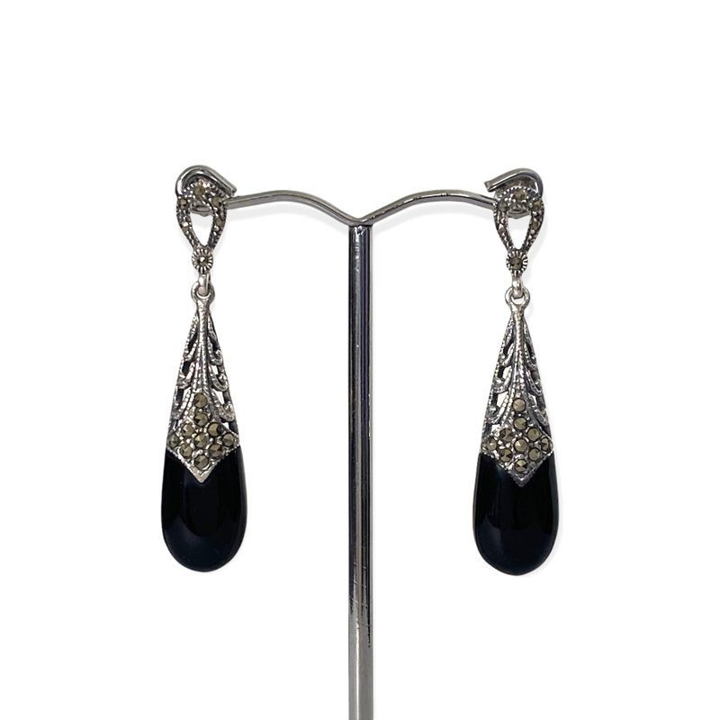 Art Deco Style Teardrop Black Onyx & Marcasite Earrings/Set 925 Sterling Silver - 耳環/耳夾/耳骨夾 - 純銀 黑色