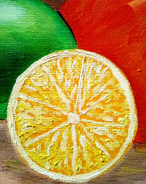 静物フルーツアートオレンジライムレモンオリジナル油絵フルーツペイン 
