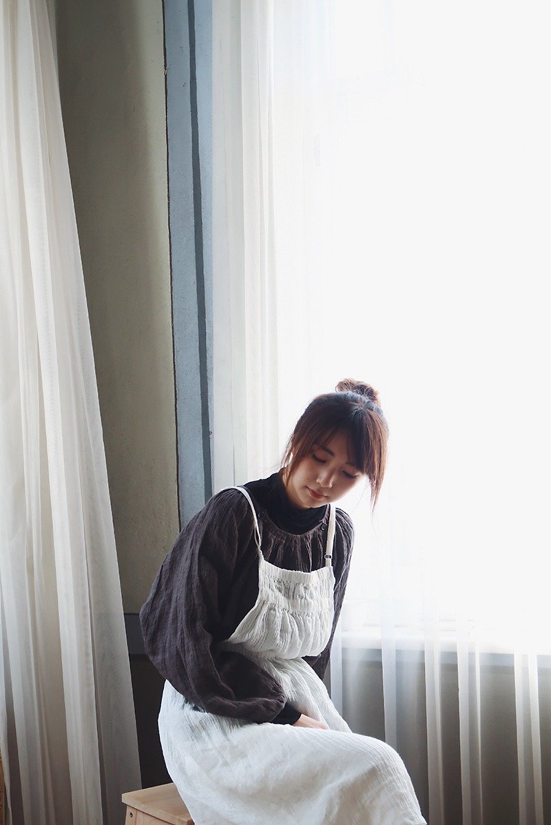 [Off-season sale] Wrinkled Linen sling dress sand wash linen apron skirt Mori style Japanese miscellaneous - One Piece Dresses - Cotton & Hemp White