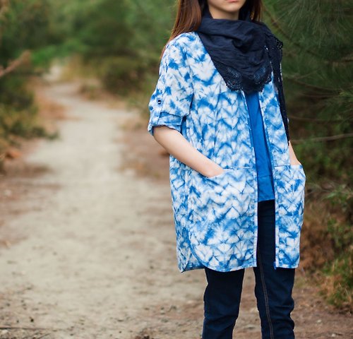 南方設計kyoku haku 星空下長版藍染外套-七分袖可反折