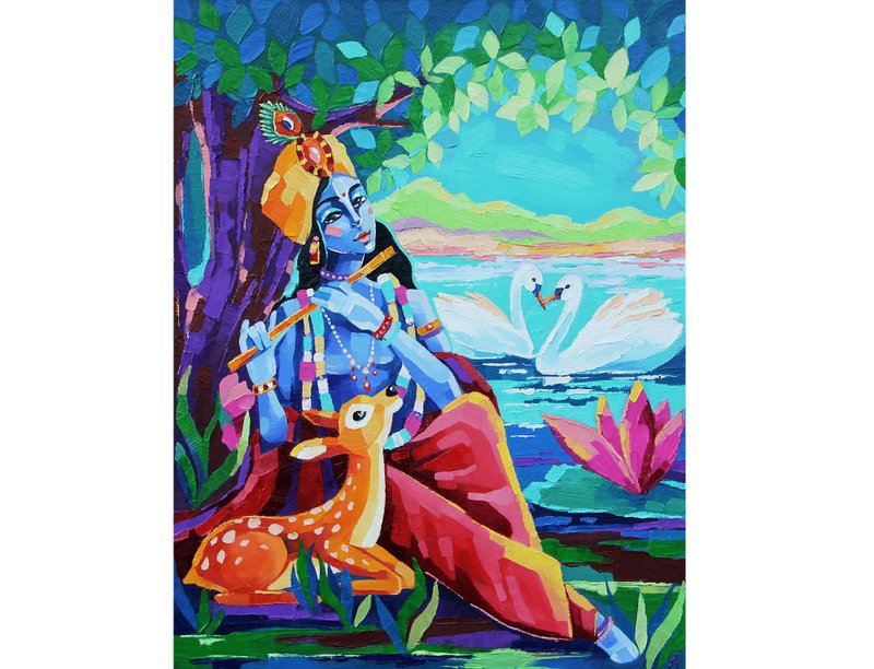 Krishna Painting Indian Original Art Spiritual Artwork Oil Canvas. - 海報/掛畫/掛布 - 其他材質 綠色