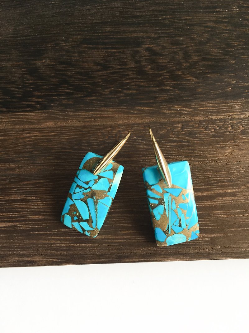 Mosaic turquoise rectangle hook-earring SV925 - Earrings & Clip-ons - Gemstone Blue