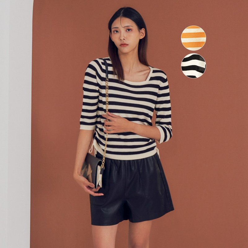 【MEDUSA】Square Neck Side Drawstring Knitted Top - Black / Orange - Women's Sweaters - Polyester Black