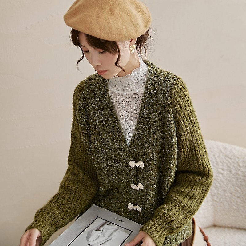 V領盤扣毛衣外套 復古國風針織開衫 秋冬季女款包郵 - 毛衣/針織衫 - 其他材質 綠色