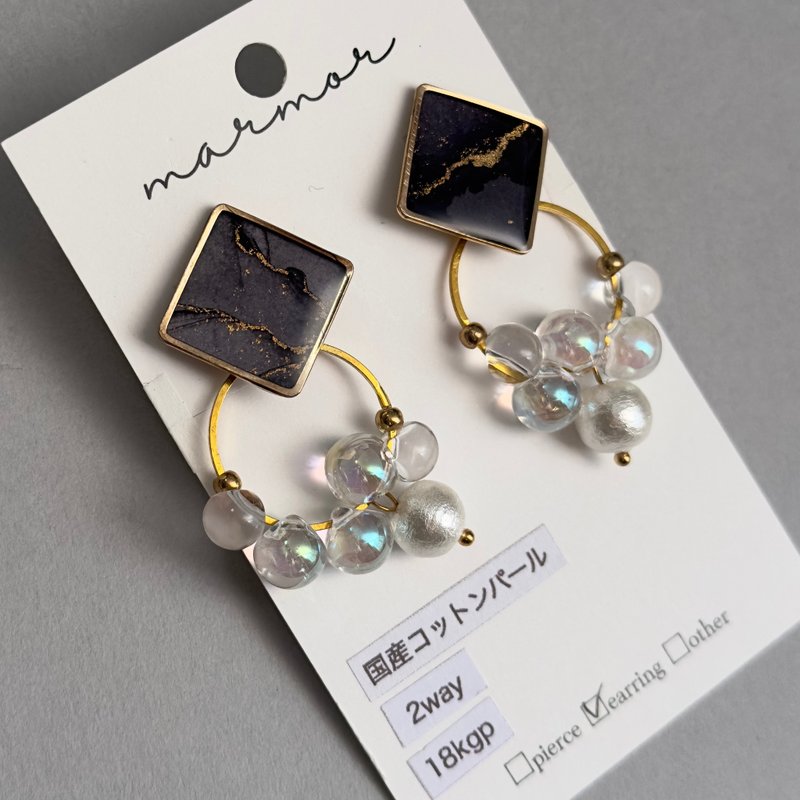 One-of-a-Kind Black & Gold 2way Earrings | Alcohol Ink Art | Long Drop | 18kgp | - ต่างหู - เรซิน สีดำ