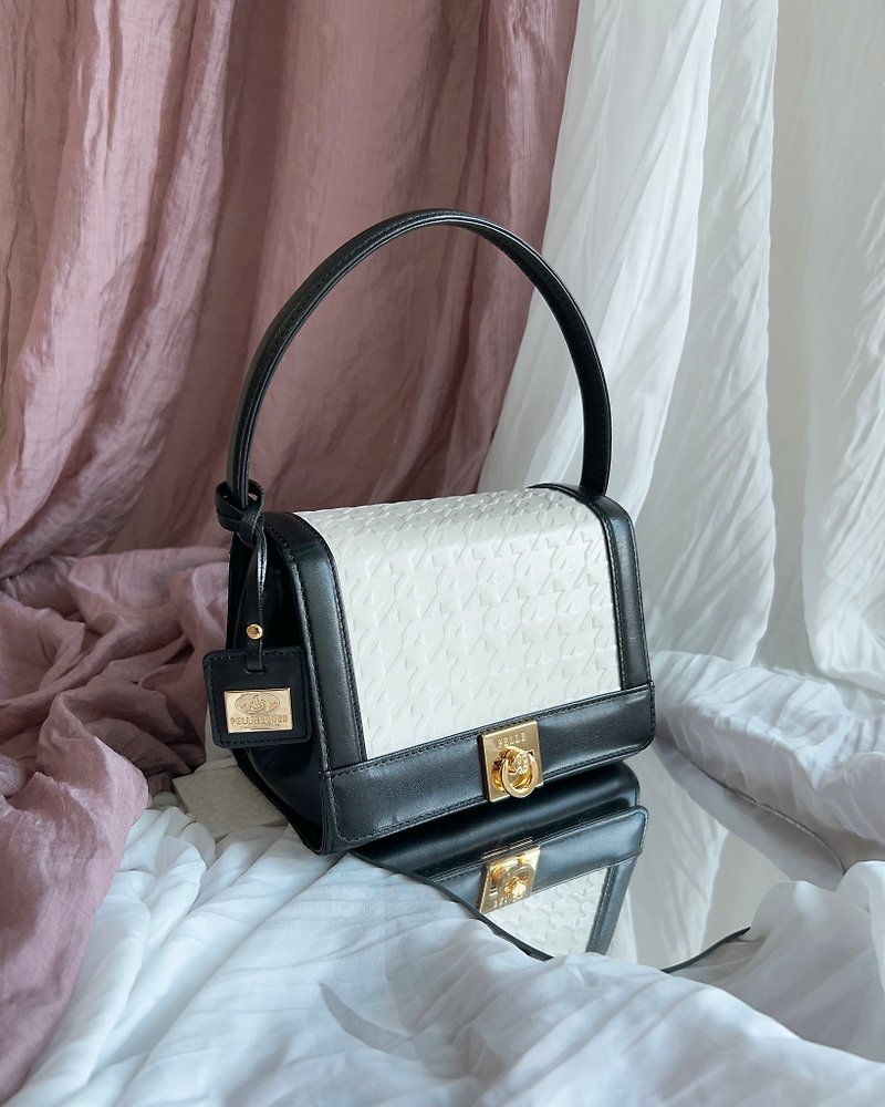 [Middle Age Bag Vintage] Pelle Borsa Black and White Houndstooth Antique Bag丨Portable Side Back - Handbags & Totes - Genuine Leather Black