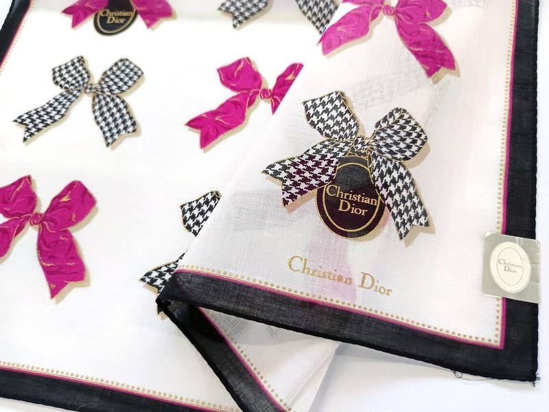 Vintage Christian Dior Handkerchief Pink & Houndstooth Bow 19 x 18.5 inches - 手帕 - 棉．麻 紫色