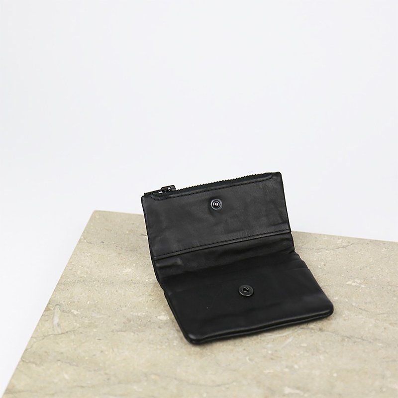 [HANDOS] Handsome Minimalist Washed Cowhide Coin Business Card Holder-Black - Wallets - Genuine Leather Black