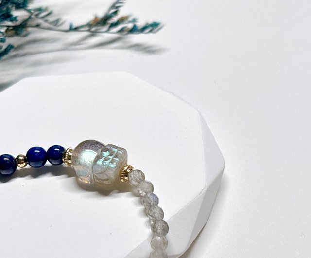 光守系列l 灰月光貔貅。青金石圓珠+ 灰月光拉長石鑽切珠。手環