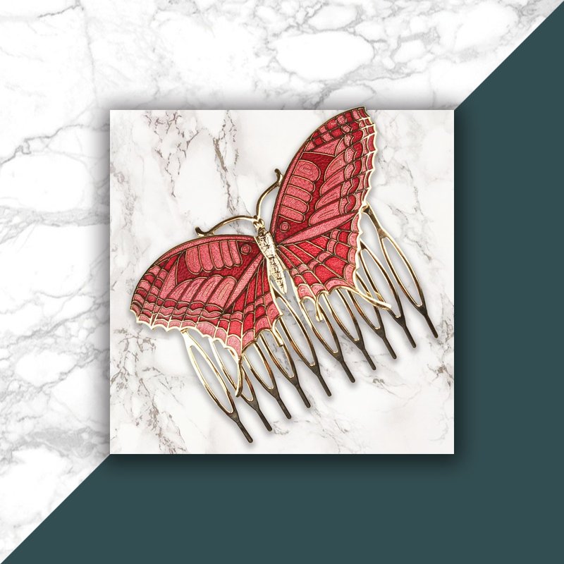 Cloisonne (Enamel) Butterfly-Comb-shaped Hairpin Red - ที่คาดผม - วัสดุอื่นๆ สีแดง