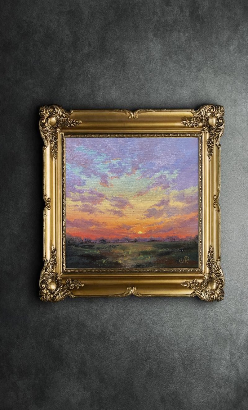 Original Oil Painting Sunset Art Sunrise Painting Landscape - Wall Décor - Other Materials Orange