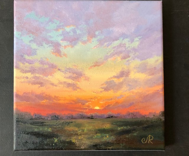 北欧レトロ 夕暮れ 煙突屋根 窓明かりの青い家 油彩画 絵画