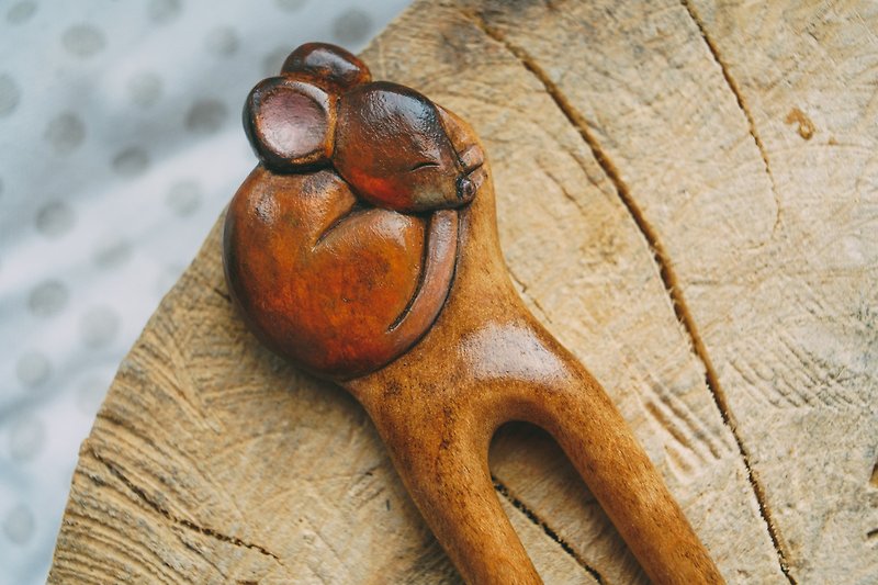 木製ヘアクリップマウス、ロングヘア用木製ヘアピン、ヘアアクセサリー、ヘアフォーク - ヘアアクセサリー - 木製 ブラウン