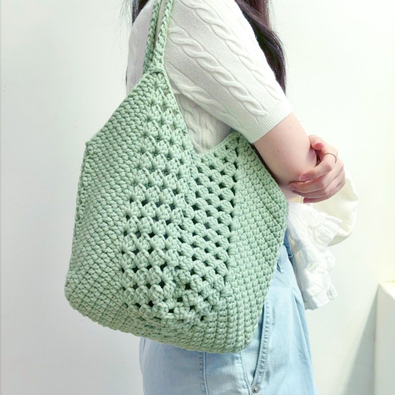 薄荷綠大鉤織包 / 肩背包編織包手提包手提袋 棉 可選色 - 側背包/斜背包 - 棉．麻 綠色