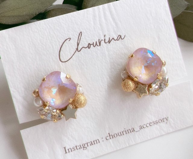 夕暮れのビジューイヤリング、ピアス pink - ショップ chourina ピアス