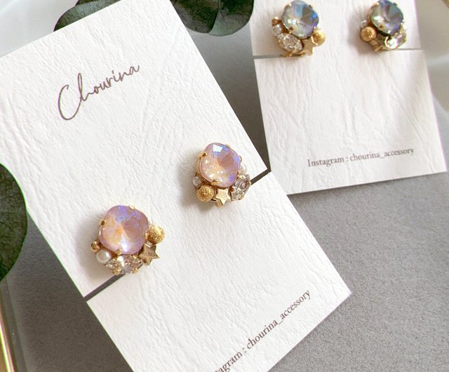 夕暮れのビジューイヤリング、ピアス pink - ショップ chourina