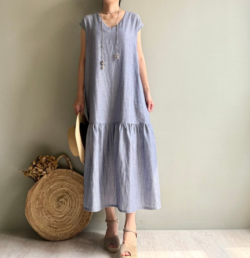 夏日美人魚/單寧系雙層棉紗V領剪接荷葉下擺長版法式袖洋裝/純棉 - 洋裝/連身裙 - 棉．麻 