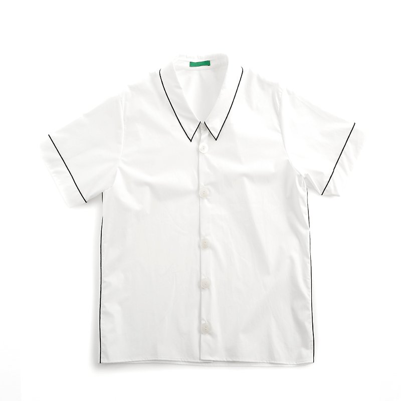 Unisex Striped Short Sleeve Shirt (Also Have White Color) - เสื้อเชิ้ตผู้ชาย - ผ้าฝ้าย/ผ้าลินิน ขาว