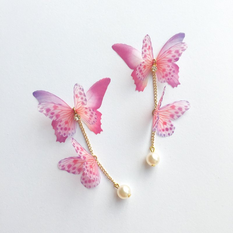 วัสดุอื่นๆ ต่างหู สึชมพู - pink organza silk butterfly earrings flower earrings Wing Earrings Asymmetrical