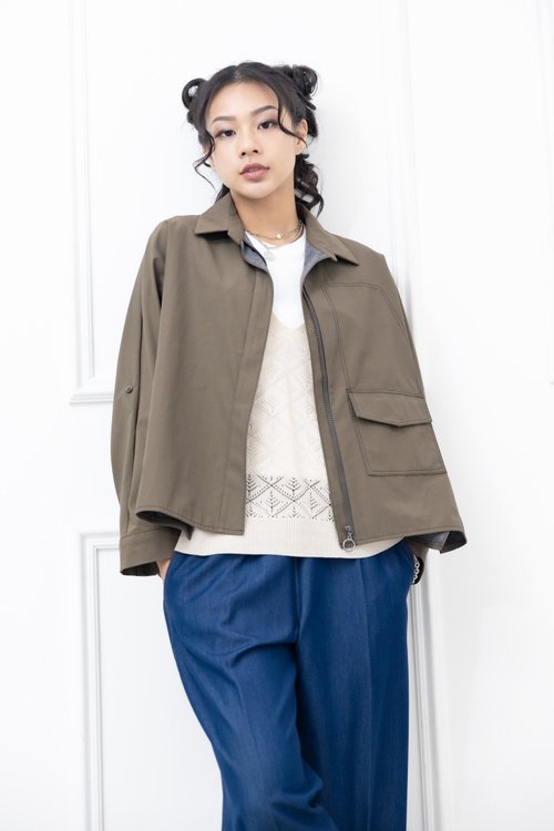 Meya 編縫編織 襯衫領不規則剪裁外套 軍綠色