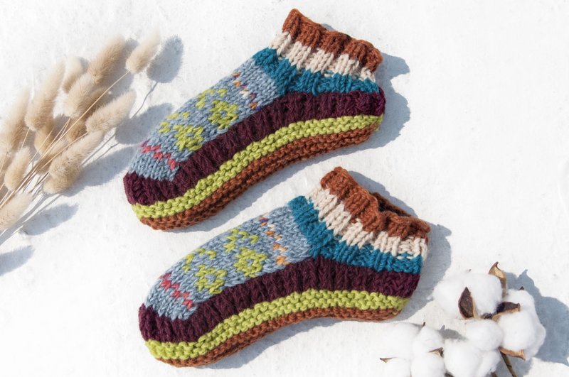 Hand-knitted pure wool knit socks/inner brushed striped socks/wool crocheted stockings/warm wool socks-Nordic Forest - Socks - Wool Multicolor