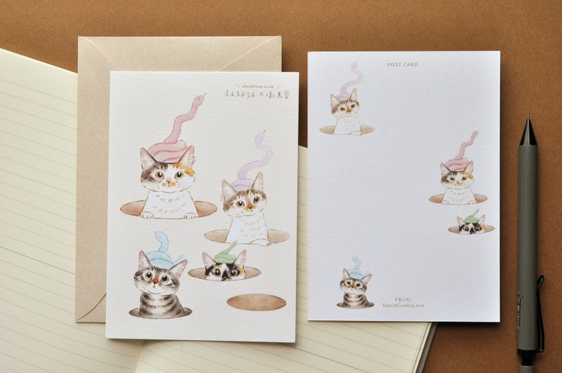 Cat Illustration Postcard-Snake Coming Out of the Hole - Cards & Postcards - Paper Pink