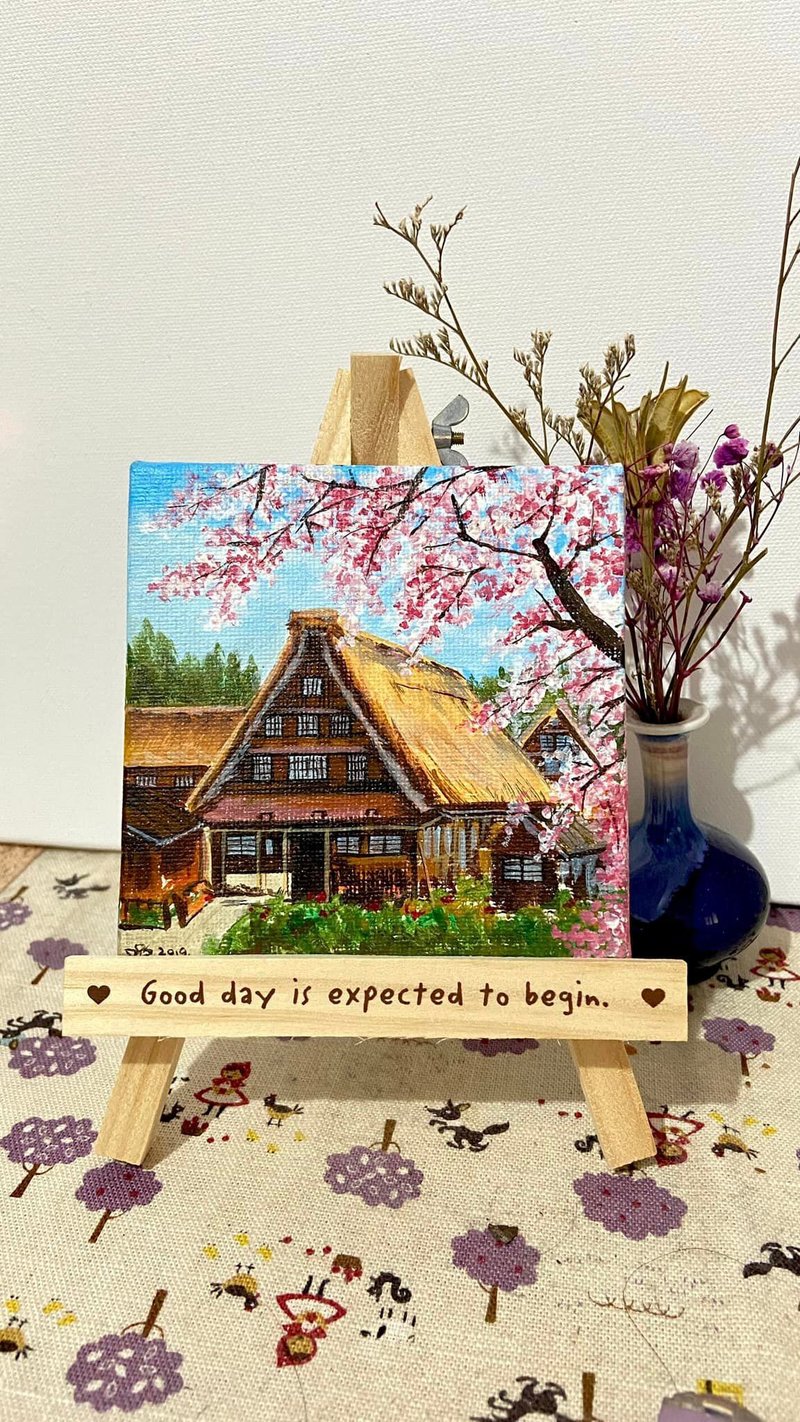 Spring Gassho Village/ Acrylic painting/canvas (including small easel in transparent box 10x10cm) - Posters - Cotton & Hemp Pink