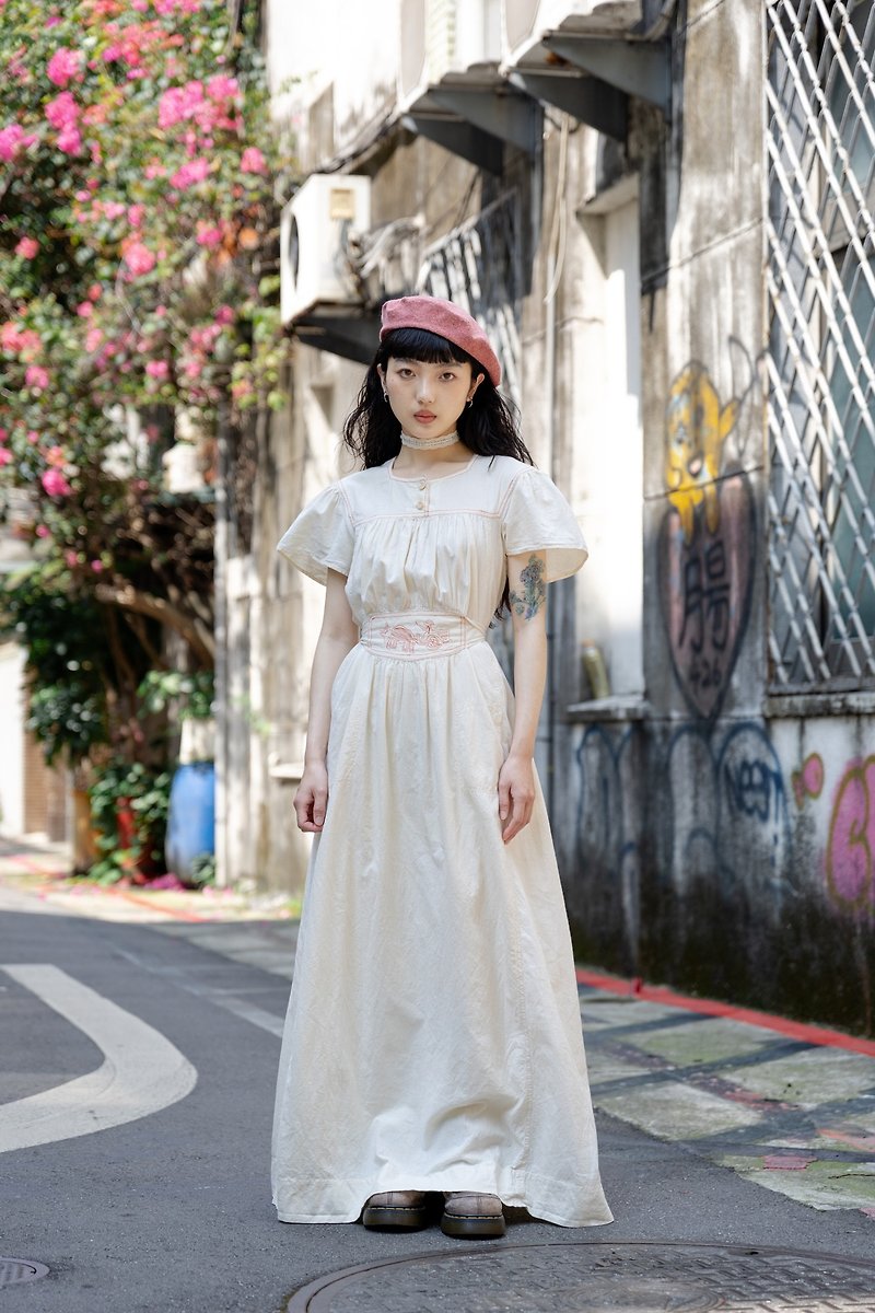 Niao Niao Department Store-Vintage off-white red line totem girdle American dress - ชุดเดรส - ผ้าฝ้าย/ผ้าลินิน 