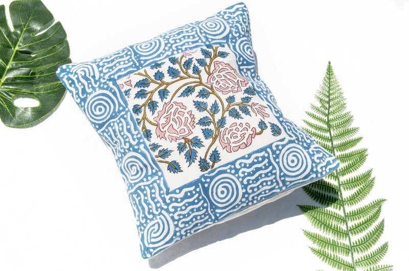 India Handmade Woodcut Printing Hugging Pillowcase Pure Cotton Hugging Pillowcase Hand Printing Hugging Pillowcase-French Rose Flower - หมอน - ผ้าฝ้าย/ผ้าลินิน หลากหลายสี