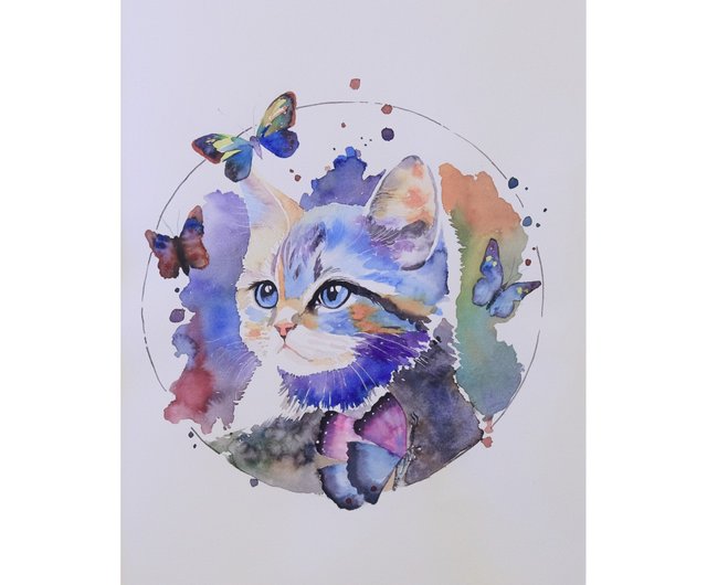 絵画。原画手描き【女の子とかわいい猫】04 ぎこちない