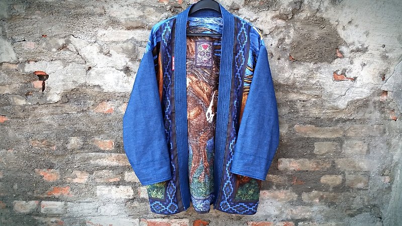 AMIN'S SHINY WORLD national totem horses gallop Valance handmade custom KIMONO smock coat - เสื้อโค้ทผู้ชาย - ผ้าฝ้าย/ผ้าลินิน 