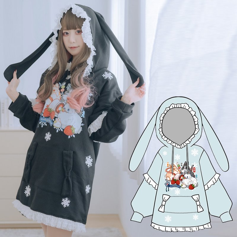 Japenese kawaii lolita snow rabbit lace frill bunny ear track hoodie JJ4077 - Unisex Hoodies & T-Shirts - Cotton & Hemp 