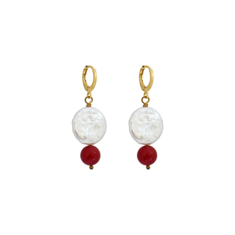 Coin freshwater pearl huggie earrings with red coral bead | by Ifemi Jewels - Earrings & Clip-ons - Other Materials Gold