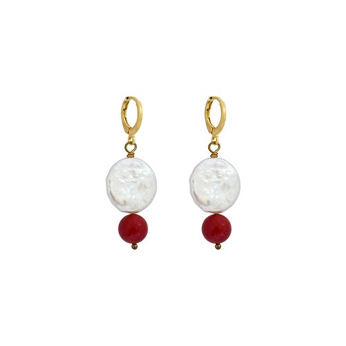 nlanlaVictory Coin freshwater pearl huggie earrings with red coral bead | by Ifemi Jewels