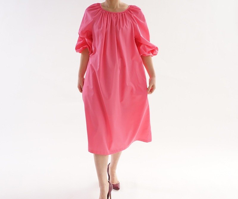 Light cotton satin puff sleeve smock dress / Deep Orchid Pink a23-9 - One Piece Dresses - Cotton & Hemp Pink