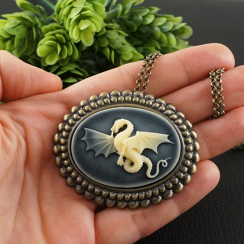 Ivory on Black Dragon Cameo Pin Brooch and Pendant Necklace 2 in 1 Woman Jewelry