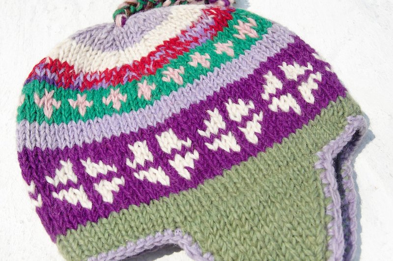 Christmas gifts handmade knitted pure wool hat / handmade bristles caps / knitting caps / flight caps / wool cap - Taro Matcha geometry national totem (a handmade limited edition) - หมวก - ขนแกะ หลากหลายสี